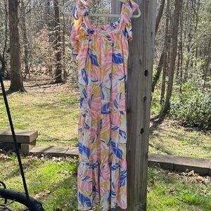 vestique Pink, Blue, Yellow & Cream Ruffle-Top Dress